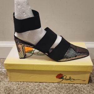 Silver and Black Heels with Modern Design and Elastic Straps